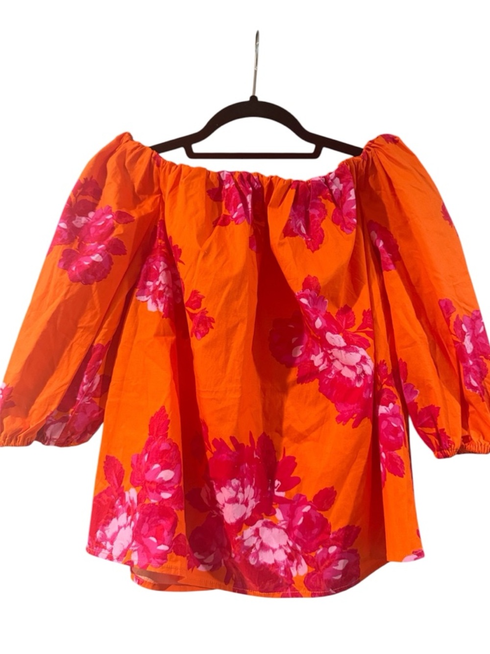 Scoop Off Shoulder Floral Blouse Orange Pink Balloon Sleeve Top Size S - Picture 2 of 4